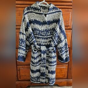 Karen Millen Textured Printed Wrap Coat – Navy/White Fair Isle-Inspired Pattern